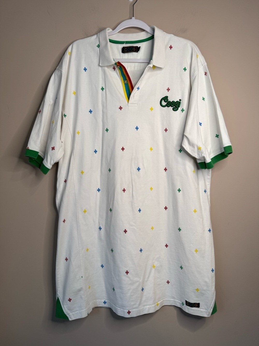 y2k Vintage COOGI Polo Shirt XXXL White Multicolor Print Skater Grunge Preppy